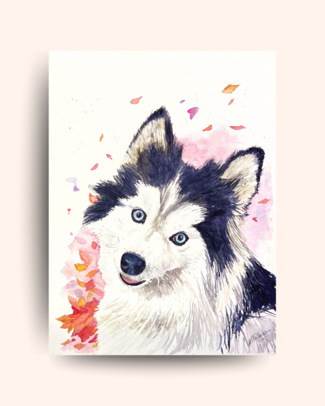 portrait d'animaux en aquarelle portrait d'un Pomsky