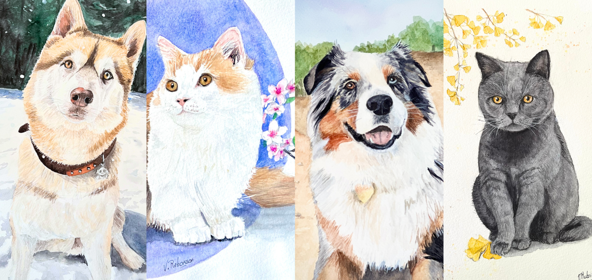 4 souvenir d'animaux Quatre aquarelle personnalisée d'animaux : deux portrait de chien Husky, deux portrait de chat.