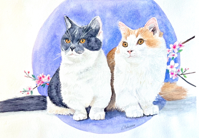 Portrait aquarelle chat : Les Munchkins Commande personnalisée d'aquarelle de chat, Deux chats assis côte à côte, un noir et blanc et un roux et blanc, sur fond pastel.